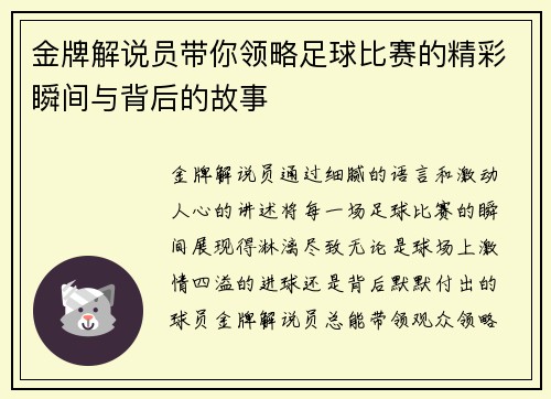 金牌解说员带你领略足球比赛的精彩瞬间与背后的故事