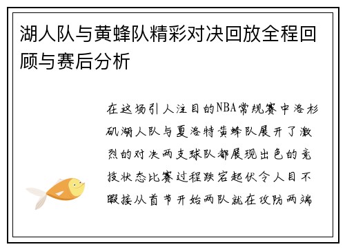 湖人队与黄蜂队精彩对决回放全程回顾与赛后分析