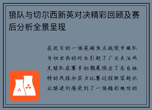 狼队与切尔西新英对决精彩回顾及赛后分析全景呈现