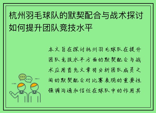 杭州羽毛球队的默契配合与战术探讨如何提升团队竞技水平